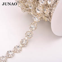 JUNAO-Cadena de diamantes de imitación de cristal plateado transparente para costura, 1 yarda, flor, adorno de Metal, apliques de Strass para ropa, joyería 2024 - compra barato