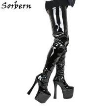 Sorbern Yellow Patent Crotch Thigh High Boots Women Block High Heels Custom Wide Calf Long Boot Platform Chunky Heel Shoes 2024 - buy cheap
