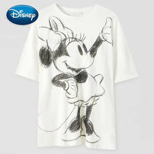 Camiseta com estampa de desenhos animados da disney, camiseta casual para mulheres, com gola em o, manga curta de algodão, feminina 2024 - compre barato