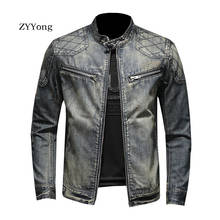 Casaco jeans masculino estilo europeu, jaqueta azul de piloto com gola alta, moda casual para motocicleta 2024 - compre barato