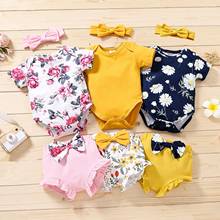 Baby Girl Set 2021 Summer New Printed Short Sleeve Romper + Bow Tie Shorts + Headwear 3PCS Baby Set Cute Girl Clothes 2024 - buy cheap
