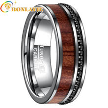 8MM Wide Steel Color Polished Plane Bevel Inlaid Wood Grain Black Crystal Tungsten Steel Ring Men's Fine Jewelry 2024 - buy cheap