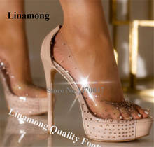 Linamong-zapatos de tacón de aguja con diamantes de imitación, tacones transparentes de cristal, plataforma alta, color dorado y negro, PVC 2024 - compra barato
