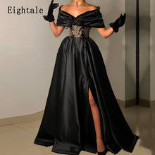 Eightale Arabic Evening Dresses 2021 V-Neck Cap Sleeves A-Line Side Split Satin Black and Gold Long Wedding Prom Party Dress 2024 - buy cheap