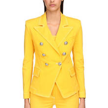 Blazer feminino abotoaduras, excelente qualidade, 2021, designer, mulheres, botões, blusa de costura, contraste, amarelo, jeans, jaqueta 2024 - compre barato