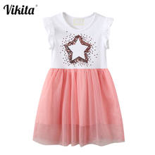 Vikita vestido infantil de manga larga, estrela, lantejoulas, elegantes, bebês, algodão, malha, voile, patchwork, roupas para crianças 2024 - compre barato