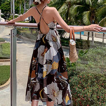 Женское длинное вечернее платье, модельное элегантное платье-сарафан с открытой спиной, с цветочным рисунком, в Корейском стиле, для пляжа и отпуска, лето 2021 2024 - купить недорого