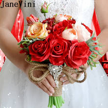 JaneVini Red Artificial Bridal Silk Flower Bouquet Pink Rose Bride Holding Flowers Bouquets Wedding Brooch Handmade Accessories 2024 - buy cheap