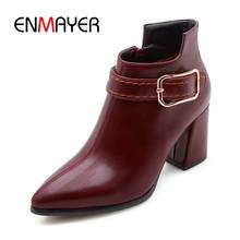 Enmayer nova moda feminina zip tornozelo senhora sólida ponta do dedo do pé fivela de costura salto quadrado botas de salto alto botas de tamanho grande 2024 - compre barato