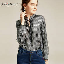 2020 schinteon blusa de seda verdadeira feminina, camisa vintage slim de manga comprida com gola alta de babados e manga, camisa preta e vermelha, 100% 2024 - compre barato