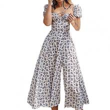 Summer Women Floral Print High Split Puff Short Sleeve Square Neck Midi Dress Streetwear 2024 - buy cheap