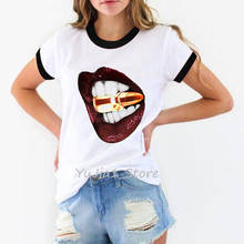 2021 branco t camisa femme harajuku kawaii oversized tshirt feminino impressão dos lábios da aguarela 2024 - compre barato