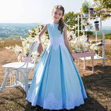 Vestido infantil elegante com flores azuis, vestido de baile de cetim para casamento, sem mangas, com decote joia, apliques de renda 2024 - compre barato