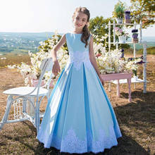 Vestidos de flores azules para niñas, elegantes vestidos de cumpleaños para niños, cuello de joya sin mangas, Apliques de encaje, vestido de satén para fiesta de graduación para boda 2024 - compra barato