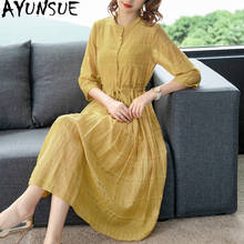 Ayunsue primavera verão vestido amarelo feminino algodão linho casual midi vestido elegante coreano vestidos de festa 2020 5582a45 kj4349 2024 - compre barato