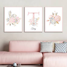 Póster personalizado con nombre de bebé, pintura en lienzo personalizada para guardería, impresiones de flores rosas, imágenes artísticas de pared para decoración de habitación de niñas 2024 - compra barato