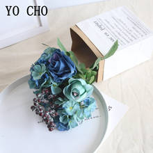 1 buquê de flores artificiais de seda com rosas e flores falsas, tecido floral para casamento em casa, decoração para casa, pequeno buquê de rosas azuis 2024 - compre barato