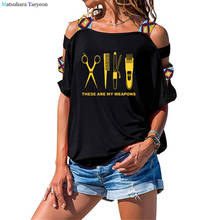 Camiseta de algodão impressão o pescoço oco manga cabeleireiro arma t-shirts mulher tesoura roupas femme topos t camisa do barbeiro 2024 - compre barato