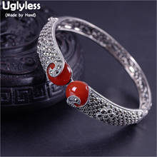 Uglyless Ethnic Thai Silver Bangles for Women Chalcedony Agate Open Bangles Real 925 Silver Marcasite Flower Retro Jewelry BA739 2024 - buy cheap