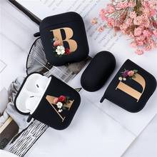 Funda de silicona con letras del alfabeto para AirPods, cubierta bonita de color dorado, Floral, para Airpod 2, auriculares inalámbricos con Bluetooth, color negro mate 2024 - compra barato