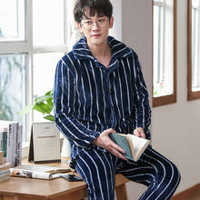 Зимняя плотная теплая Фланелевая пижама в синюю полоску, мужской пижамный комплект с длинными рукавами из кораллового бархата, костюм для сна, домашняя одежда, домашняя одежда 2024 - купить недорого