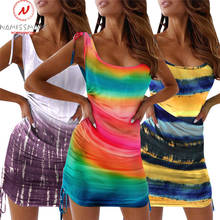 Mujeres Sexy vestido de verano lápiz diseño de lazo hombro vendaje decoración sin mangas cintura alta-Corbata tinte dibujo caderas delgadas Mini vestido 2024 - compra barato