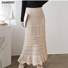 High Quality Korean New Fashion Womens Autumn Long Skirt Hollow Out Knitted Maxi Skirt Chic Elasticity Waist Crochet Skirt 2024 - buy cheap