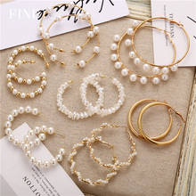 Fashion Twisted Geometric Pearl Hoop Earrings Aretes Gold Color Metal Round Circle Earrings Women Hoops Jewelry 2024 - buy cheap