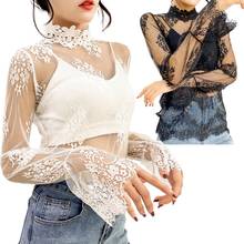 Blusa feminina manga comprida crochê transparente, camiseta feminina aplique floral cílios renda pulôver sexy 2024 - compre barato