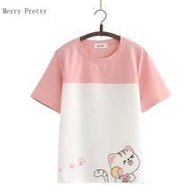 Sweet Style Women Cotton T Shirts 2021 Summer Short Sleeve O-neck Cartoon Cat Print Patchwork Cute Kawaii Tops Tees 2024 - buy cheap