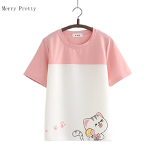 Doce estilo feminino algodão t camisas 2021 verão manga curta o pescoço dos desenhos animados gato impressão retalhos bonito kawaii topos t 2024 - compre barato