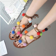 candy color fur ball decoration flat sandals women bohemian strappy gladiator sandalias mujer clip toe  beach shoes pompom shoes 2024 - buy cheap