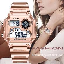 Lige relógio feminino esportivo, à prova d'água, multifuncional, led, digital de quartzo, rosa, para meninas 2024 - compre barato