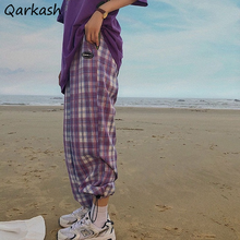 Брюки женские в клетку с широкими штанинами, свободные винтажные универсальные штаны в японском стиле, уличная одежда в стиле Харадзюку, фиолетовый цвет, для отдыха, на лето 2024 - купить недорого