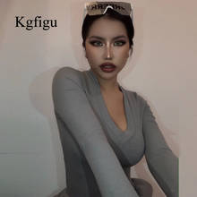 KGFIGU Women long sleeve deep v neck grey bodysuits 2020 New Arrivals rib bodycon short overalls drop shipping 2024 - buy cheap