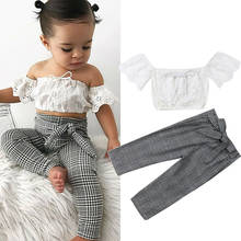 Newly roupa infantil para bebê menina 2 peças, blusa manga curta ombro de fora de renda, calças legging, roupas para verão 2024 - compre barato