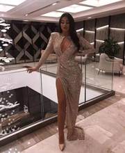 Hot Fashion Long Sleeves Gold Sequins Evening Dresses Sexy Open Front High Side Split Formal Lady Evening Prom Gown Real Dress 2024 - buy cheap