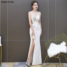 Kaunisina-vestidos de sirena de noche, vestido de fiesta Formal con abertura alta, escote en V profundo, apliques largos, color blanco 2024 - compra barato