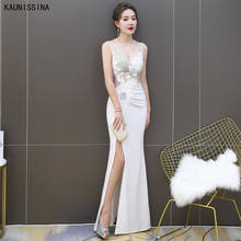 KAUNISSINA Evening Mermaid Dresses Sexy High Split White Deep V-Neck Appliques Long Nightclub Party Dress Formal Evening Gown 2024 - buy cheap