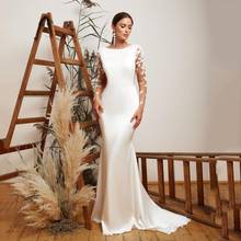 Thinyfull New Arrival Feather Mermaid Wedding Dresses Long Sleeve O Neck Button Bride Dresses Satin Floor Length Bridal Gown 2024 - buy cheap