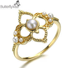 BK 14K Genuine Gold 585 Rings For Women Yellow Gold Natural Pearl Four-Leaf Clover Vintage Luxury Jewelry Elegant Female Gifts 2024 - buy cheap