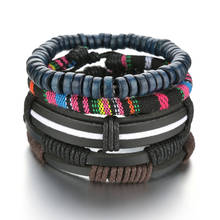 Pulseiras e braceletes masculinos retrô de 4 argolas, bracelete de couro, multicamadas, azul, preto e marrom, joias para homens 2024 - compre barato