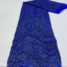 Tela de encaje francés africano con lentejuelas, tejido de tul africano de alta calidad con cuentas, Azul Real 2024 - compra barato