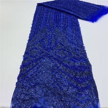 African French Lace Fabric with sequins High Quality African Tulle Lace Fabric with beads Royal Blue african sequin lace fabric 2024 - buy cheap