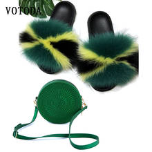 NEW Women Fur Slippers Handbags Set Fluffy Real Fox Fur Slides Rainbow Shoulder Bag Ladies Candy Jelly Purse Raccoon Fur Sandals 2024 - buy cheap