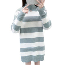 Suéter gola alta de inverno feminino, pulôver de malha listrada com imitação de veludo suéter colete meio longo solto para mulheres 2024 - compre barato