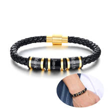 Pulseiras com nome personalizado, bracelete de contas de aço inoxidável, corda de couro trançada, berloque de jóias para homens, presente 2024 - compre barato