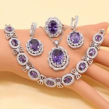 Xutaayi conjuntos de joias para mulheres, de prata esterlina roxa cristal, colar pingente, pulseiras, brincos, caixa de presente 2024 - compre barato