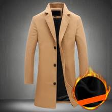 Winter Thick Fleece Lining Mens Medium Length Woolen Coats Long Plus Size Long Sleeve Single Breasted Lapel Slim Fit Solid Coats 2024 - buy cheap