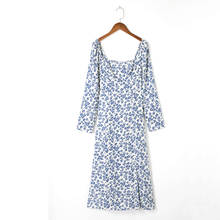 Vestido feminino casual de verão, estampa floral, gola quadrada, manga comprida, slim 2024 - compre barato